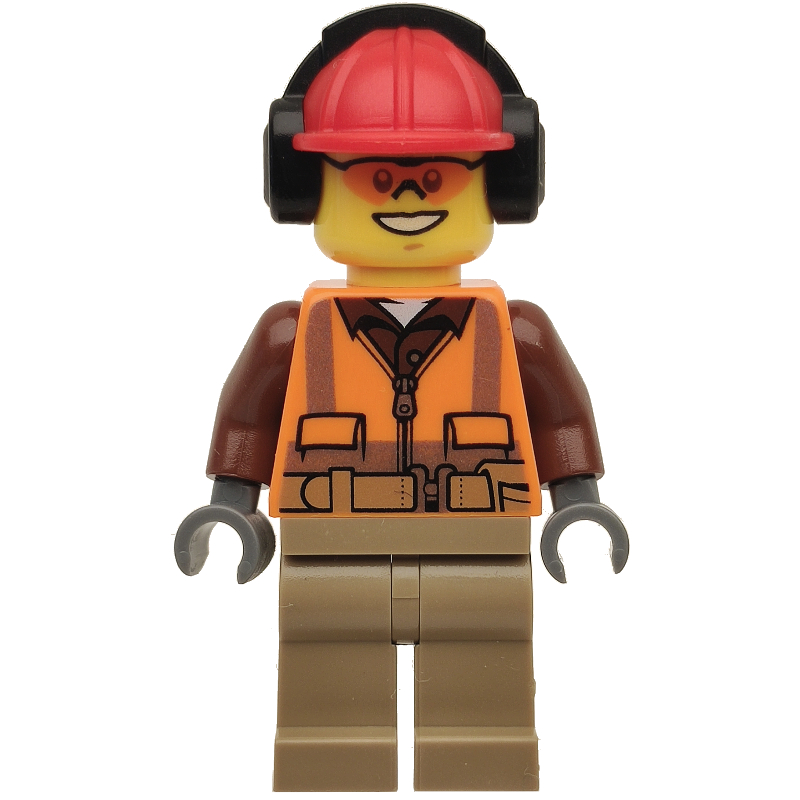 LEGO Construction Worker Rob, Orange Safety Vest with Zipper over Reddish Brown Shirt, Dark Tan Legs, Red Hard Hat with Ear Defenders, Orange Safety Glasses (fig-008271)