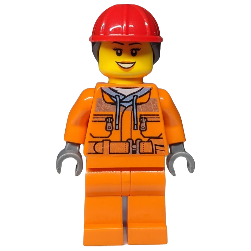 LEGO Construction Worker, Woman, Safety Jacket over Hoodie with Belt, Orange Legs, Red Hard Hat with Hair (fig-008272)
