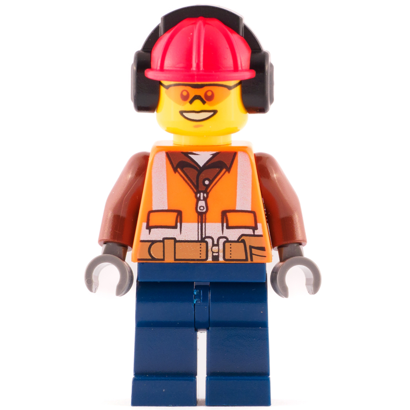 LEGO Construction Worker, Orange Safety Vest with Zipper over Reddish Brown Shirt, Dark Blue Legs, Red Hard Hat with Ear Defenders, Orange Safety Glasses (fig-008273)