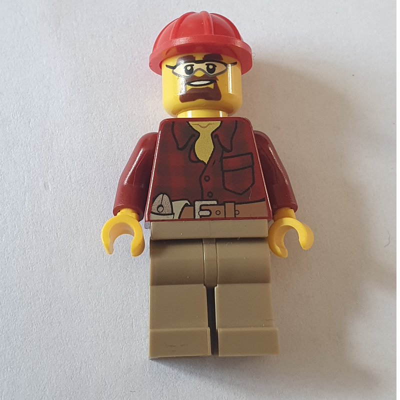 LEGO Construction Worker, Dark Red Flannel Shirt, Red Hard Hat, Goatee Beard and Safety Glasses (fig-008274)