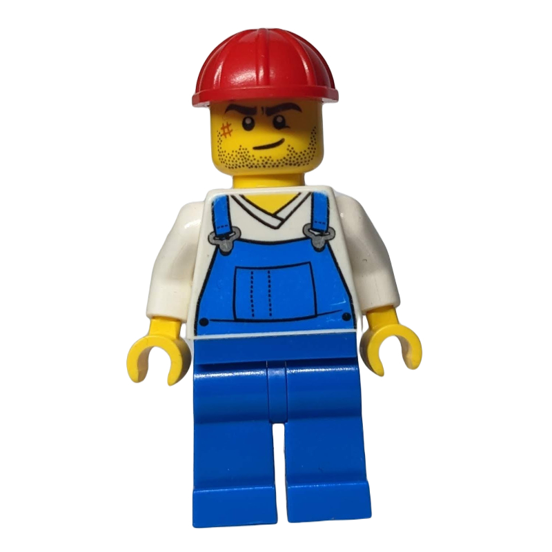 LEGO Man, Blue Overalls over White V-Neck Shirt, Red Hard Hat, Stubble and Scar (3626c Head) (fig-008275)