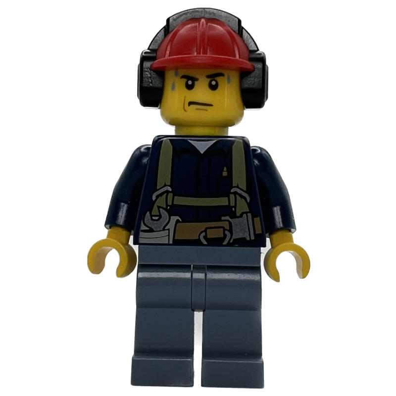 LEGO Construction Worker, Dark Blue Shirt with Harness, Red Hard Hat with Ear Defenders, Sweat Drops (fig-008276)