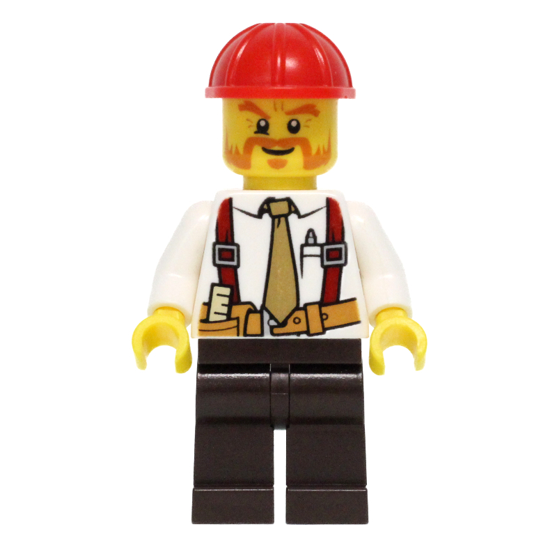 LEGO Construction Worker, White Shirt with Tie and Suspenders, Red Hard Hat, Mutton Chops and Moustache (fig-008277)