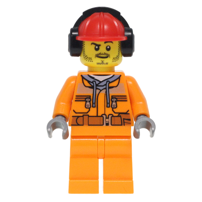 LEGO Construction Worker, Safety Jacket over Hoodie with Belt, Orange Legs, Red Hard Hat with Ear Defenders, Stubble (fig-008278)