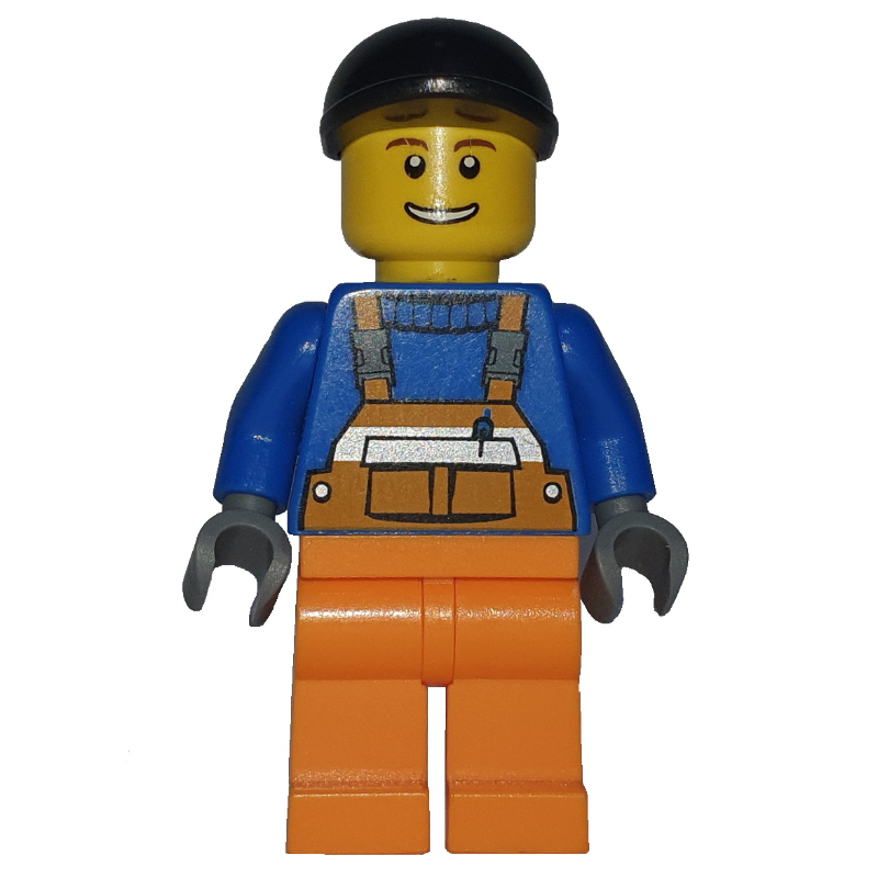 LEGO Construction Worker, Orange Overalls over Blue Sweater, Black Cap (fig-008279)