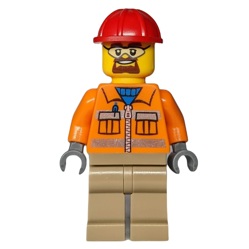 LEGO Construction Worker, Orange Jacket with Zipper and Reflective Stripes, Dark Tan Legs, Red Hard Hat, Goatee Beard and Safety Glasses (fig-008280)