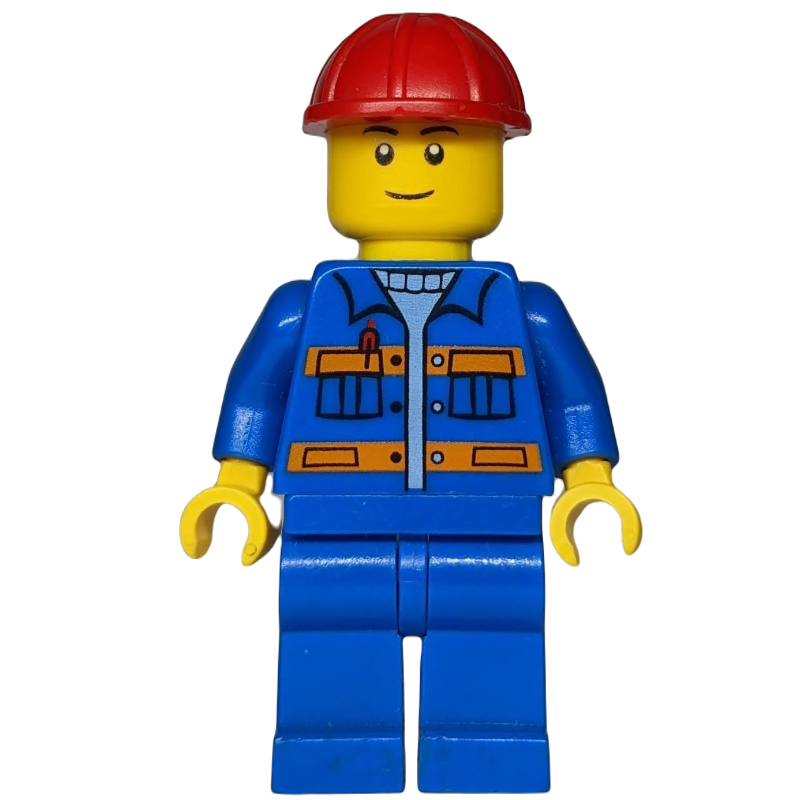 LEGO Construction Worker, Blue Jacket with Orange Stripes, Blue Legs, Red Hard Hat (fig-008281)
