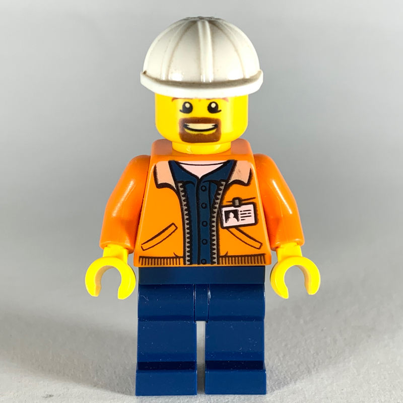 LEGO Miner, Open Orange Jacket with ID Badge, White Hard Hat, Goatee Beard (fig-008283)