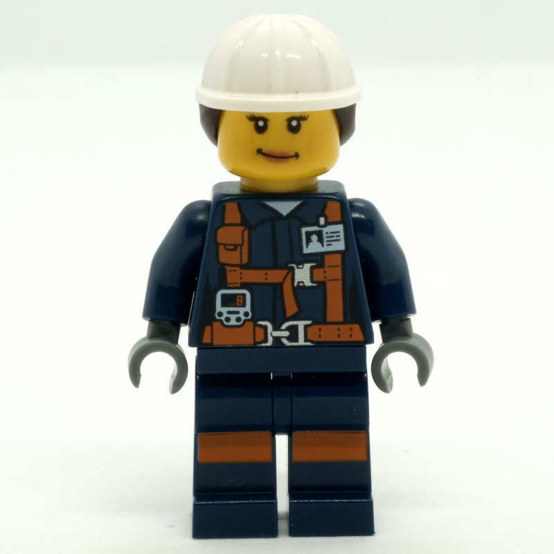 LEGO Miner, Woman, Dark Blue Jacket with Straps and ID Badge, White Hard Hat with Hair (fig-008284)