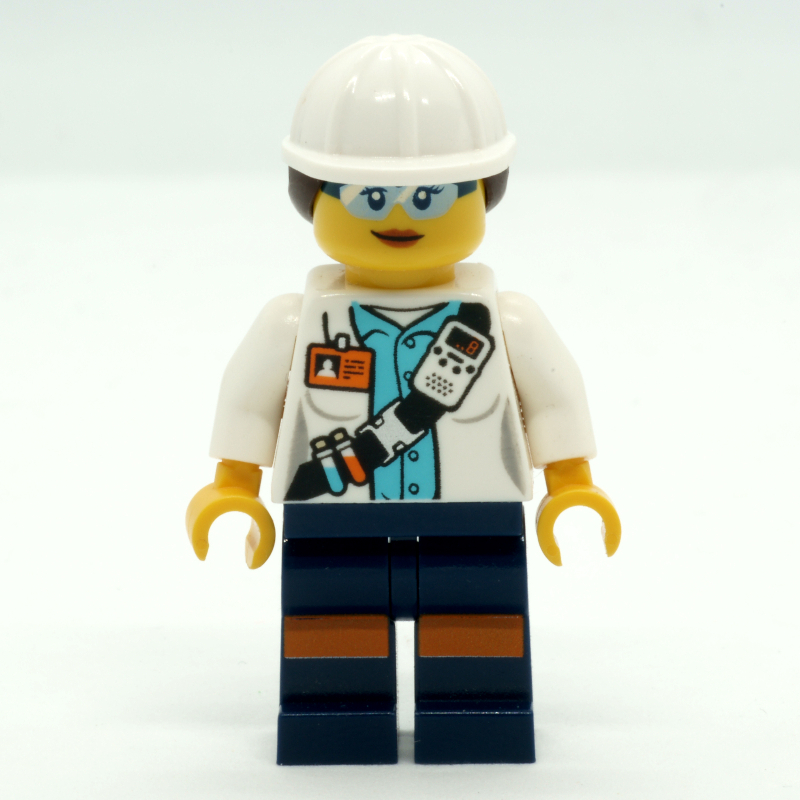 LEGO Miner, Woman, Open White Jacket with Shoulder Belt and ID Badge, White Hard Hat with Hair, Safety Glasses (fig-008285)