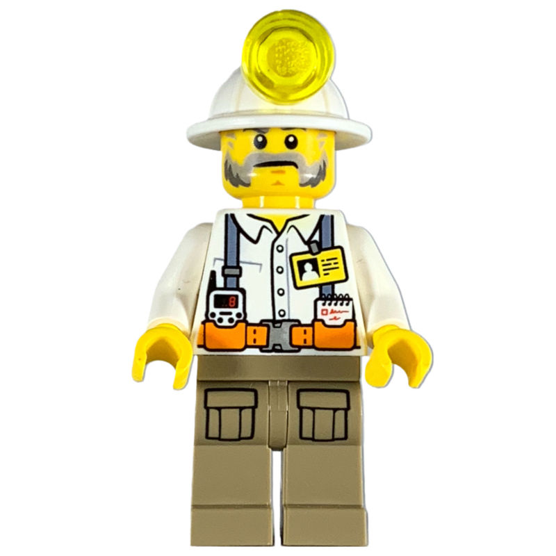 LEGO Miner, White Shirt with Straps and ID Badge, White Mining Hat, Mutton Chops and Moustache (fig-008286)