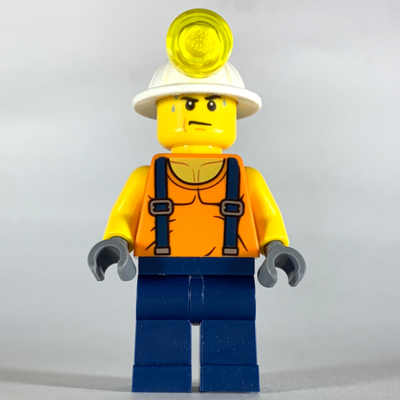 LEGO Miner, Orange Vest with Suspenders, Mining Hat, Sweat Drops (fig-008288)