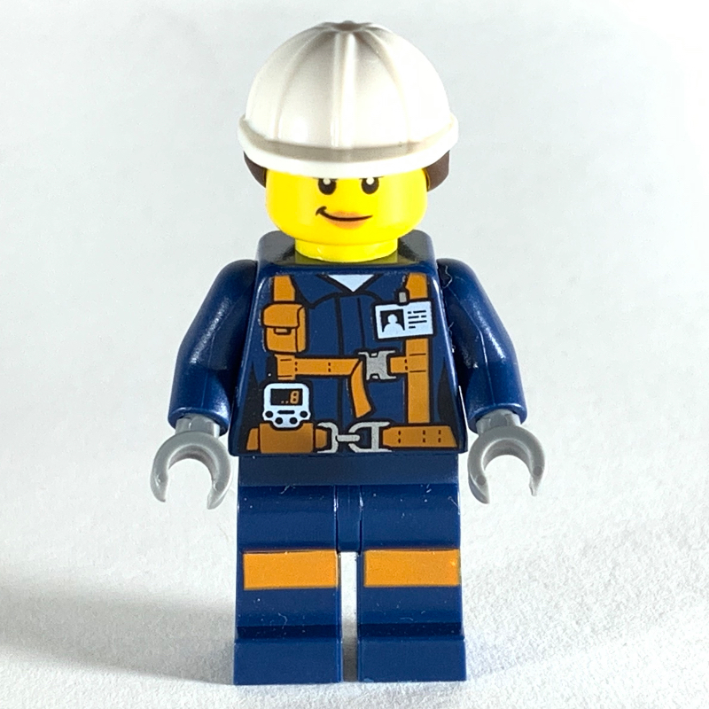 LEGO Miner, Woman, Dark Blue Jacket with Straps and ID Badge, White Hard Hat with Hair, Smirk (fig-008289)