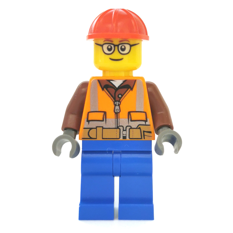 LEGO Construction Worker, Orange Safety Vest with Zipper over Reddish Brown Shirt, Blue Legs, Red Hard Hat, Glasses (fig-008291)