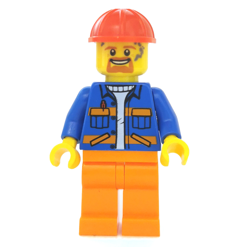 LEGO Construction Worker, Blue Jacket with Orange Stripes, Orange Legs, Red Hard Hat, Goatee Beard and Dirty (fig-008292)