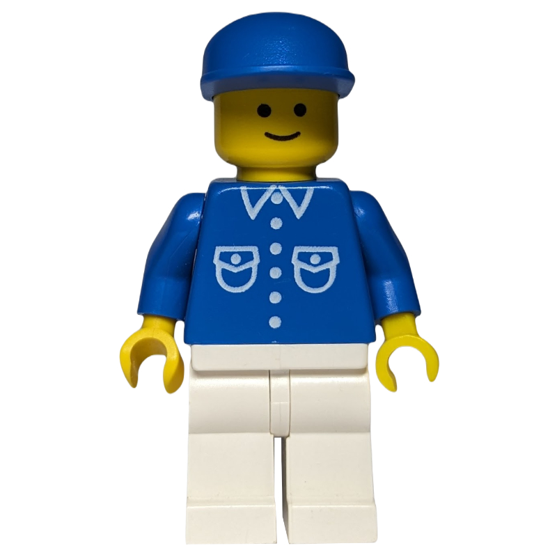 LEGO Man, Blue Shirt with Buttons and Pockets, White Legs, Blue Cap (fig-008296)