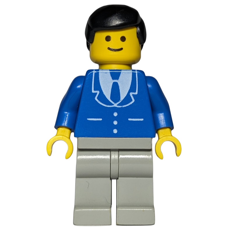 LEGO Man, Blue Jacket with Tie and Three Buttons, Light Gray Legs, Black Hair (fig-008297)