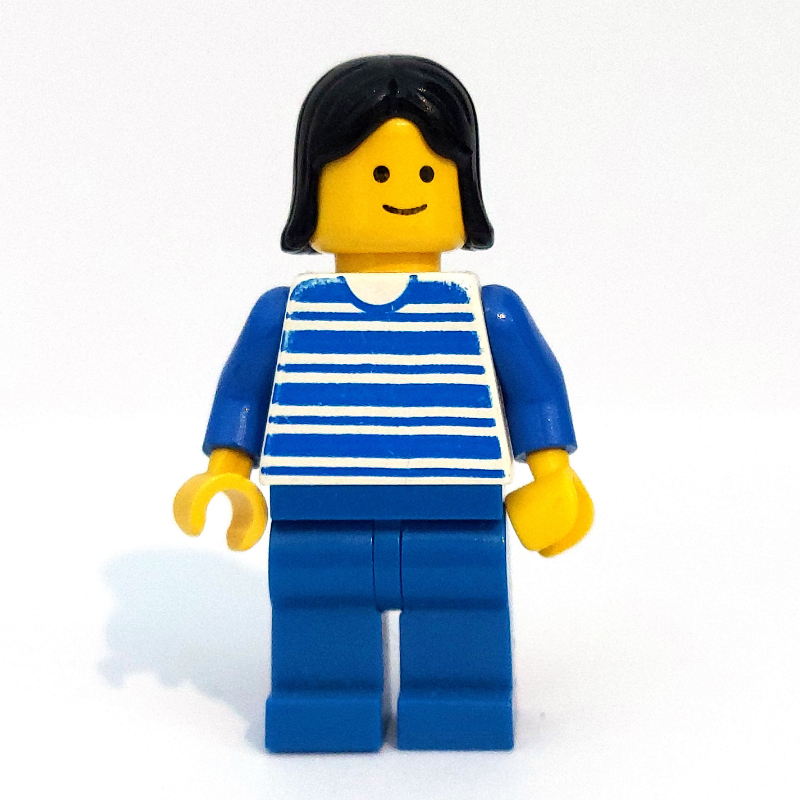LEGO Woman, Blue and White Stripe Shirt, Blue Legs, Black Hair (fig-008298)
