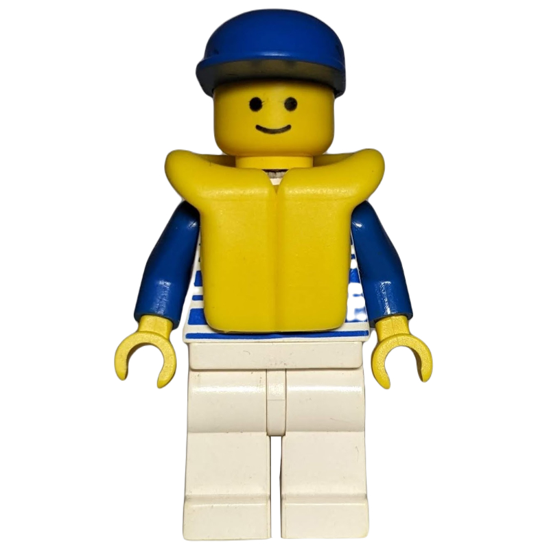 LEGO White/Blue Striped Torso, White Legs, Blue Cap, Life Vest (fig-008304)