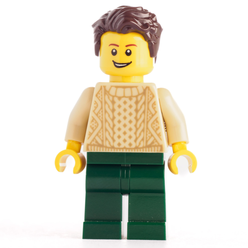 LEGO Tan Torso Sweater, Dark Green Legs, Dark Brown Hair (fig-008328)