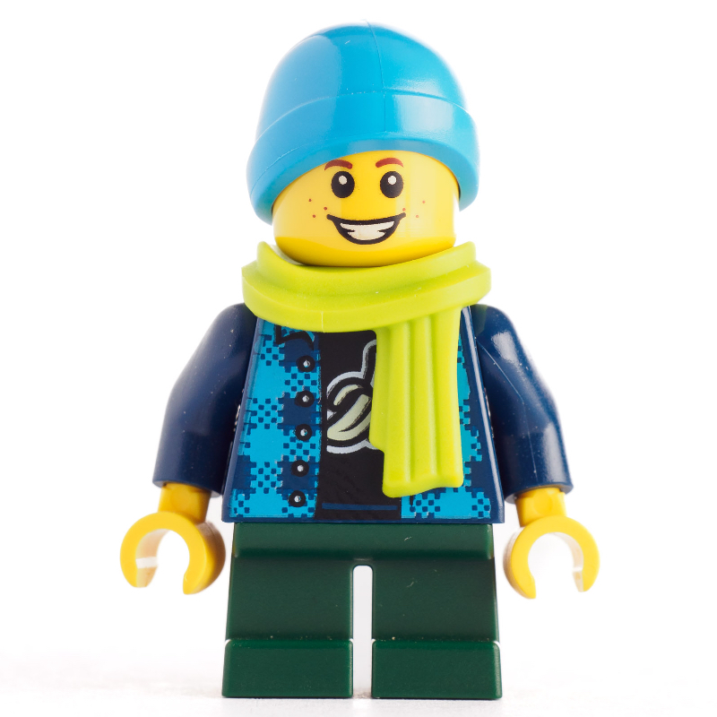 LEGO Kid, Dark Blue Torso, Dark Green Legs, Blue Cap, Lime Scarf (fig-008333)
