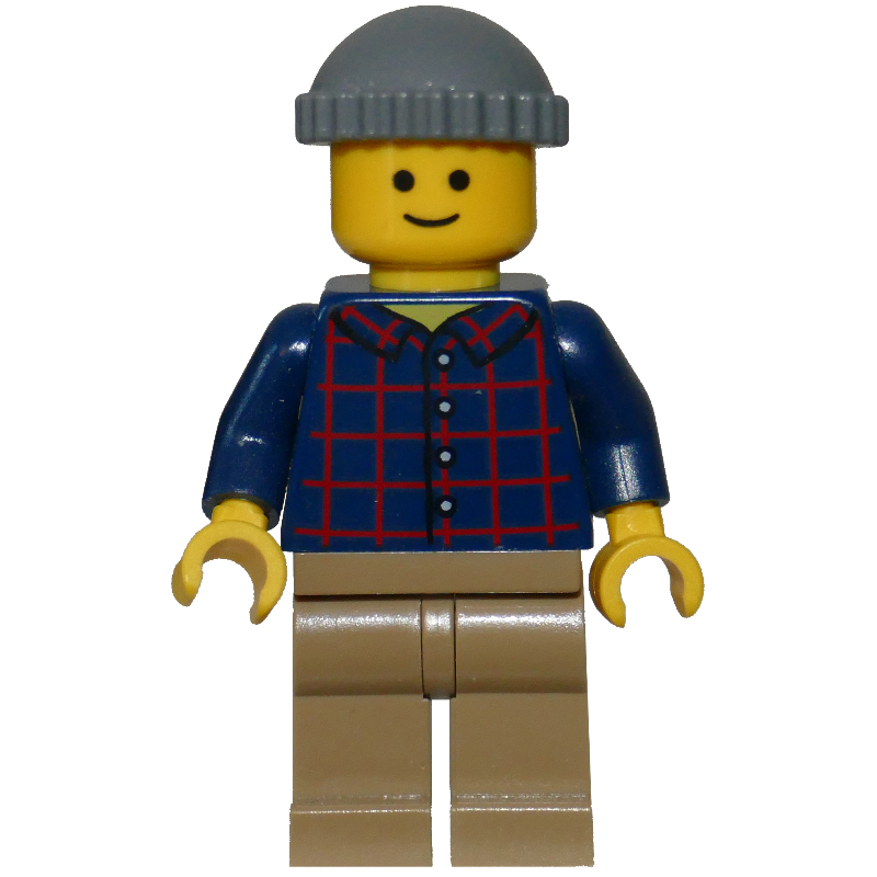 LEGO Man, Plaid Shirt, Dark Tan Legs, Dark Bluish Gray Cap (fig-008363)
