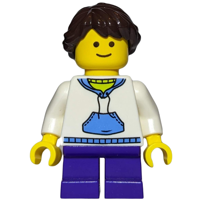 LEGO Kid, White Torso, Dark Purple Legs, Dark Brown Hair (fig-008387)