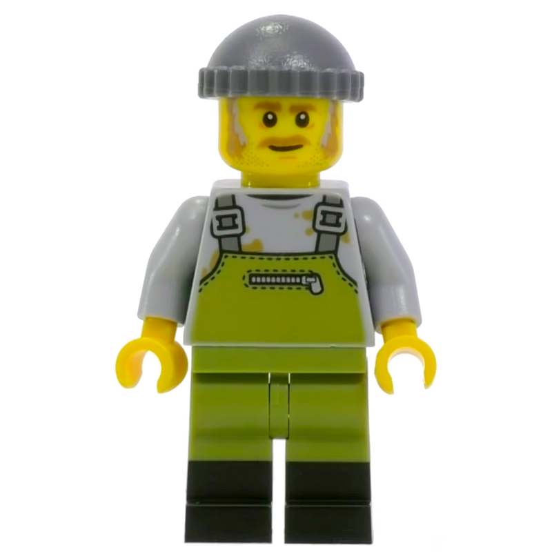 LEGO Light Bluish Grey Torso, Olive Green Overall. Dark Bluish Grey Cap (fig-008419)