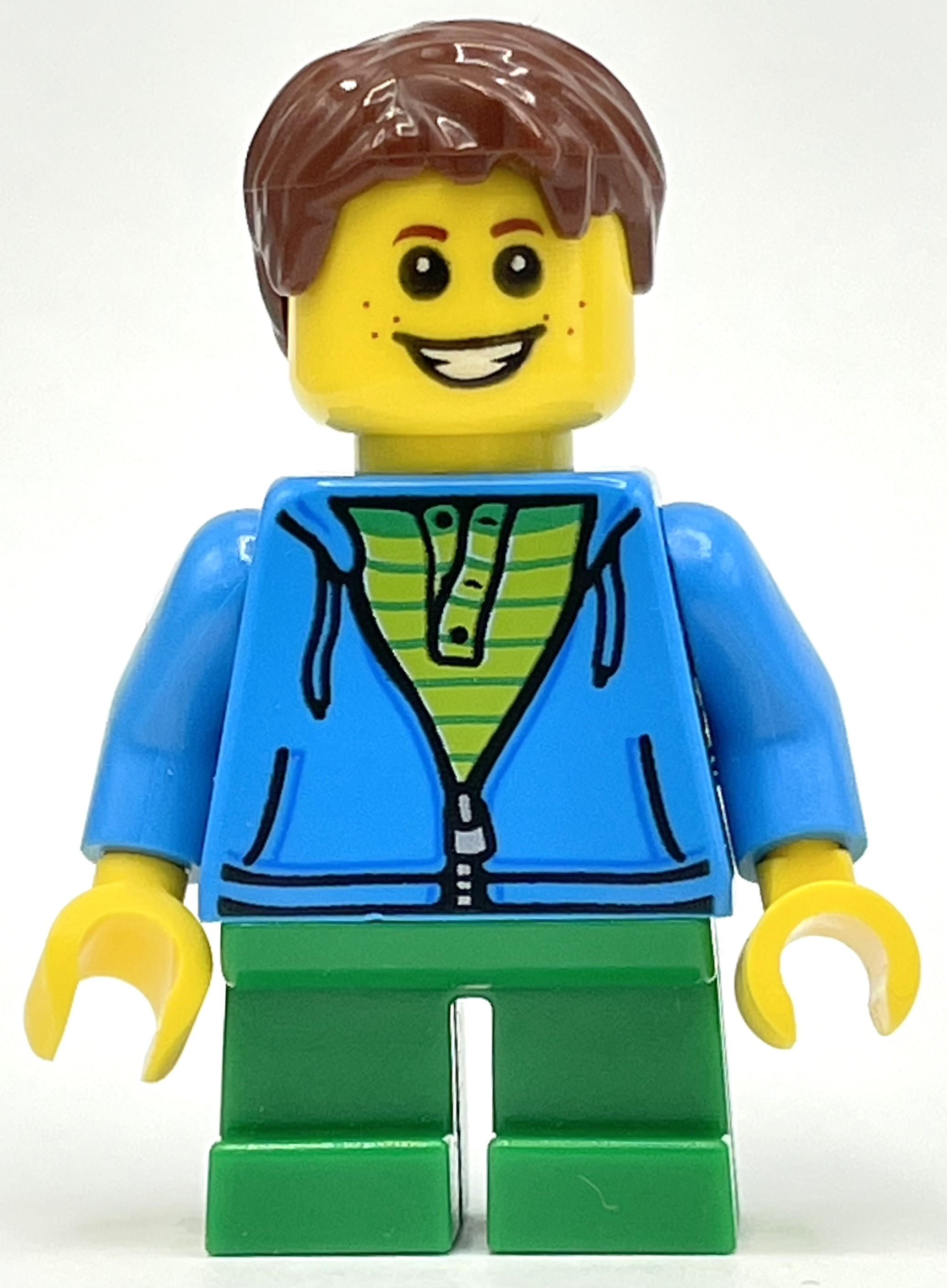 LEGO Kid, Dark Azure Torso, Green Legs, Reddish Brown Hair (fig-008439)