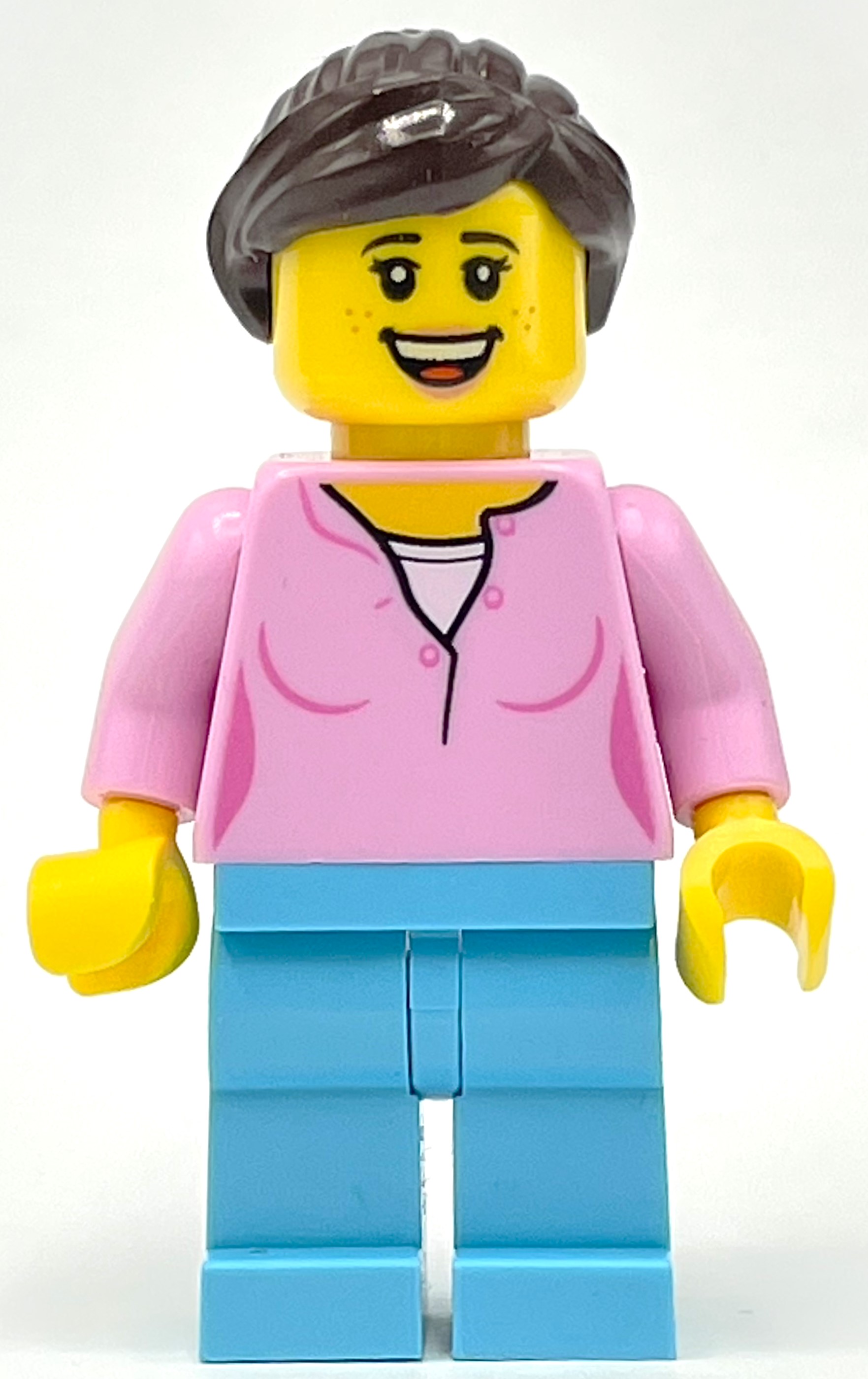 LEGO Bright Pink Torso, Medium Azure Legs, Dark Brown Hair (fig-008441)