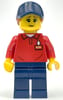 LEGOLAND Employee, Red Torso, Dark Blue Legs, Dark Blue Cap, Reddish Brown Hair