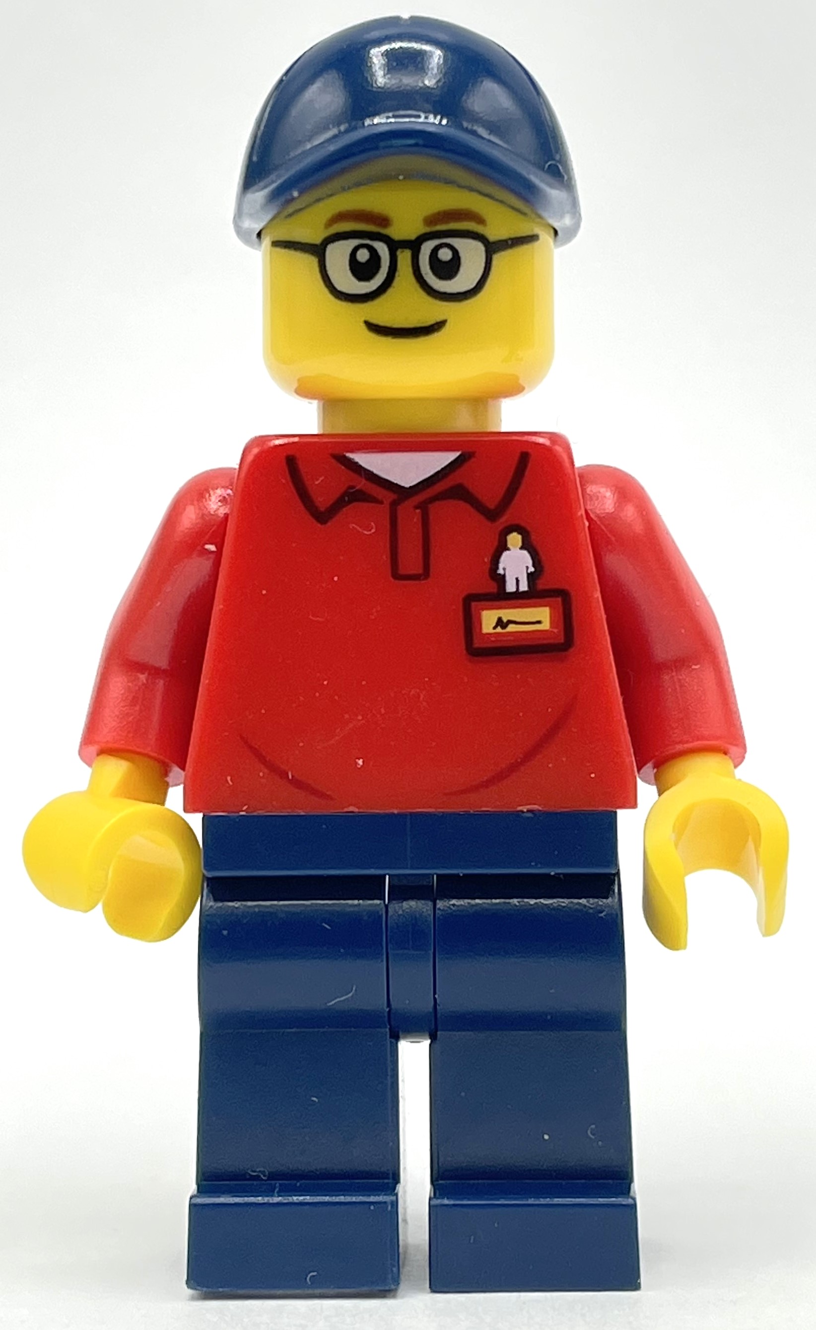 LEGO LEGOLAND Employee, Red Torso, Dark Blue Legs, Dark Blue Cap, Glasses (fig-008448)