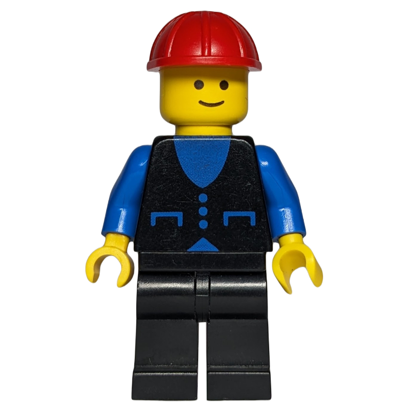 LEGO Man, Black Vest over Blue Shirt, Black Legs, Red Hard Hat (fig-008472)
