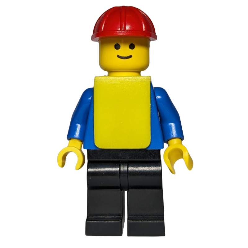 LEGO Construction Worker, Blue Shirt with Pockets and Buttons, Black Legs, Red Hard Hat, Yellow Vest (fig-008473)