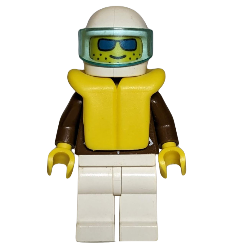 LEGO Racer, Brown Jacker with Zipper, White Legs, White Helmet with Visor, Yellow Life Vest, Blue Sunglasses (fig-008474)