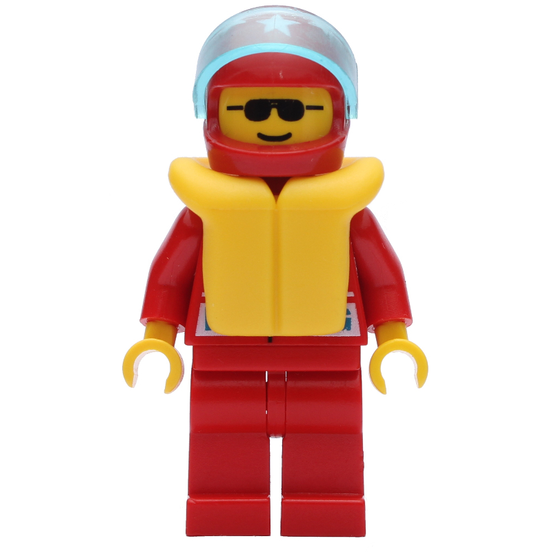 LEGO Racer, Red Jacket with Octan Logo and 'RACING', Red Legs, Red Helmet with Star and Visor, Yellow Life Vest, Sunglasses (fig-008476)