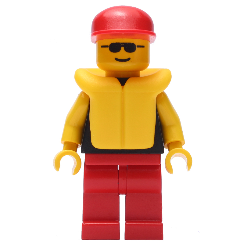 LEGO Man, Black Torso with Yellow Arms, Red Legs, Red Cap, Yellow Life Vest, Sunglasses (fig-008477)