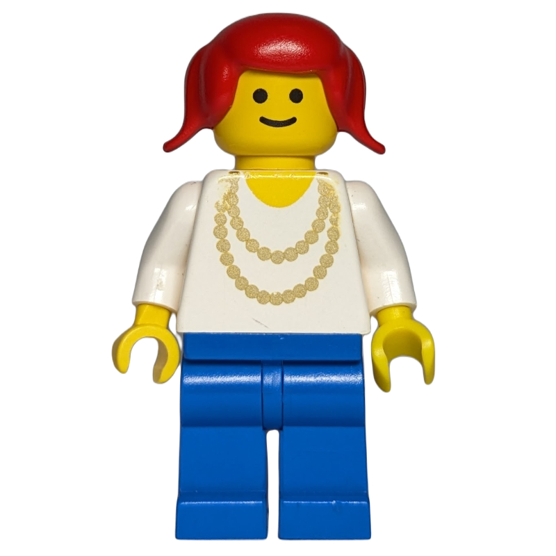 LEGO Woman, White Top with Yellow Necklace, Blue Legs, Red Hair (fig-008478)