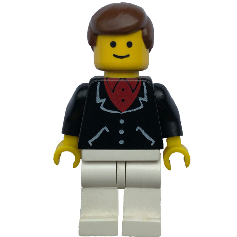 LEGO Man, Black Jacket over Red Shirt, White Legs, Brown Hair (fig-008479)