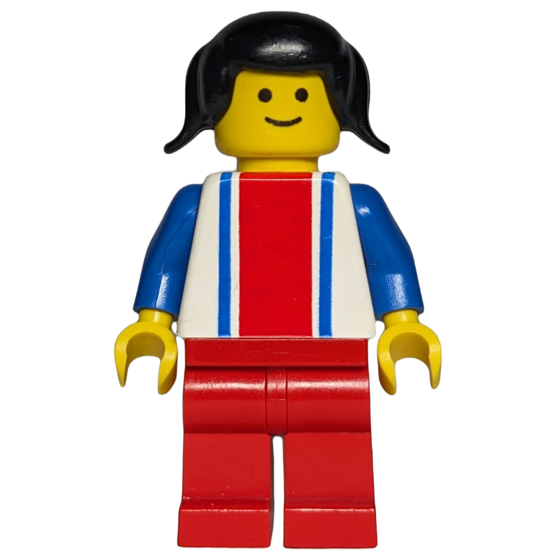 LEGO Woman, White Top with Large Red Stripe and 2 Blue Stripes, Red Legs, Black Hair (fig-008481)
