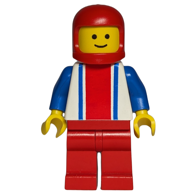 LEGO Man, White Top with Large Red Stripe and 2 Blue Stripes, Red Legs, Red Helmet (fig-008483)