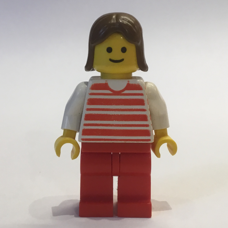 LEGO Woman, Red and White Striped Shirt, Red Legs, Brown Hair (3626a Head) (fig-008485)