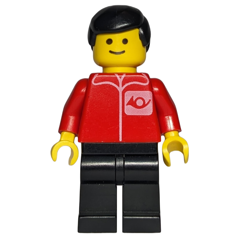 LEGO Postal Worker, Red Shirt with Horn Logo, Black Legs, Black Hair (fig-008486)