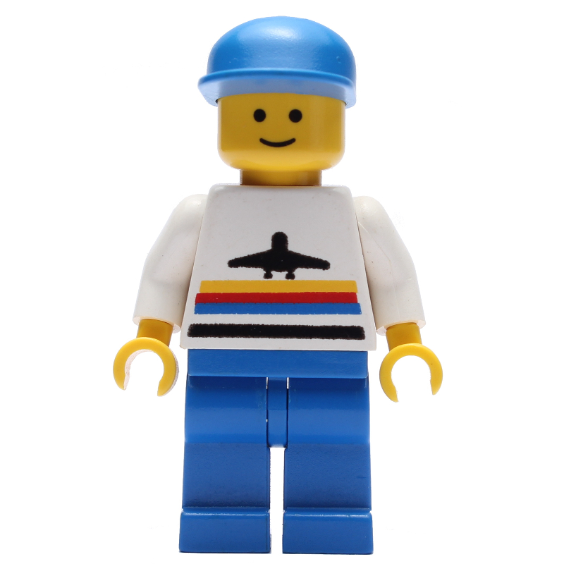 LEGO Man, White Shirt with Airplane, Blue Legs, Blue Cap (fig-008488)