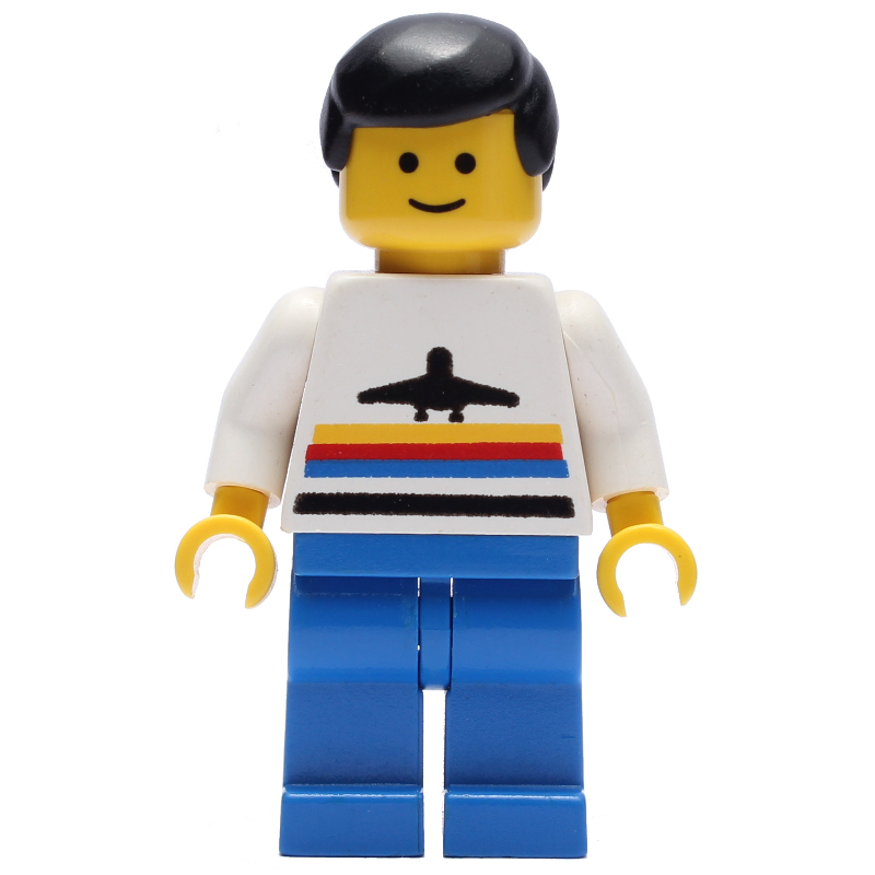 LEGO Man, White Shirt with Airplane, Blue Legs, Black Hair (fig-008490)