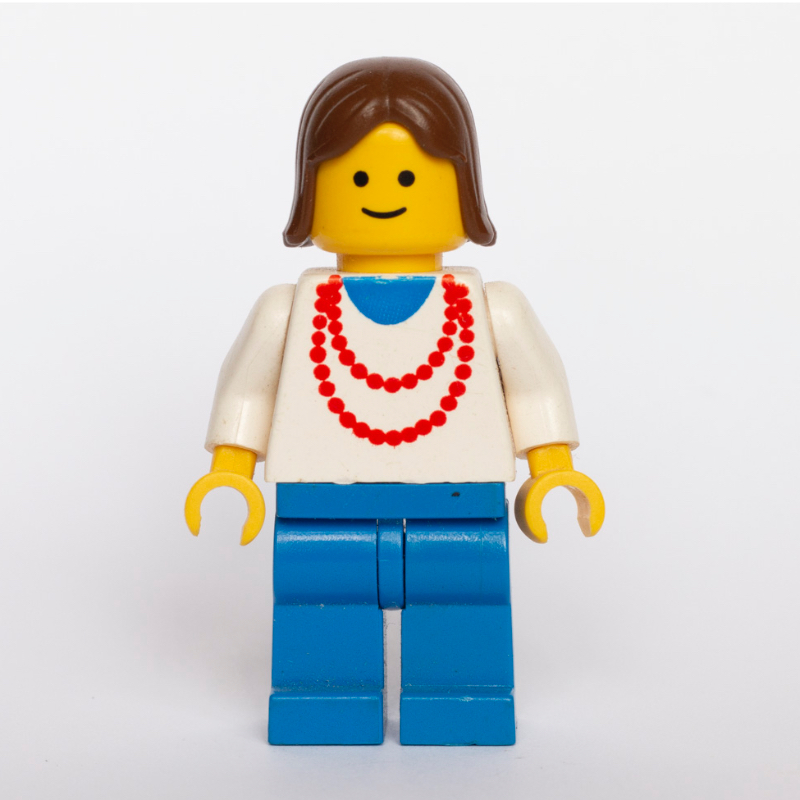 LEGO Woman, White Top with Red Necklace, Blue Legs, Brown Hair (fig-008491)