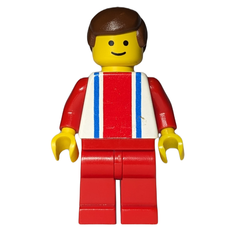 LEGO Man, White Top with Large Red Stripe and 2 Blue Stripes, Red Legs, Brown Hair (3626b Head) (fig-008499)