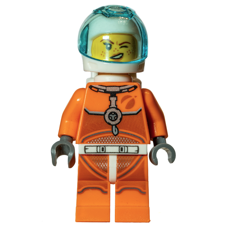 LEGO Astronaut, Woman, Orange Torso and Legs, White Helmet, Trans-Light Blue Visor (fig-008505)