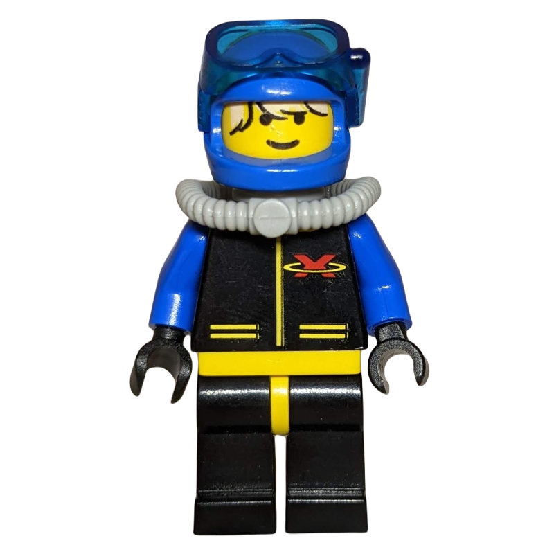 LEGO Diver, Man, Black, Yellow, and Blue Wetsuit with Extreme Team Logo, Blue Helmet with Mask, Airtank (fig-008539)