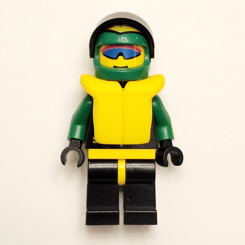 LEGO Racer, Extreme Team, Black Jacket, Black Legs, Green Helmet with Visor, Yellow Life Vest, Blue Sunglasses (fig-008544)